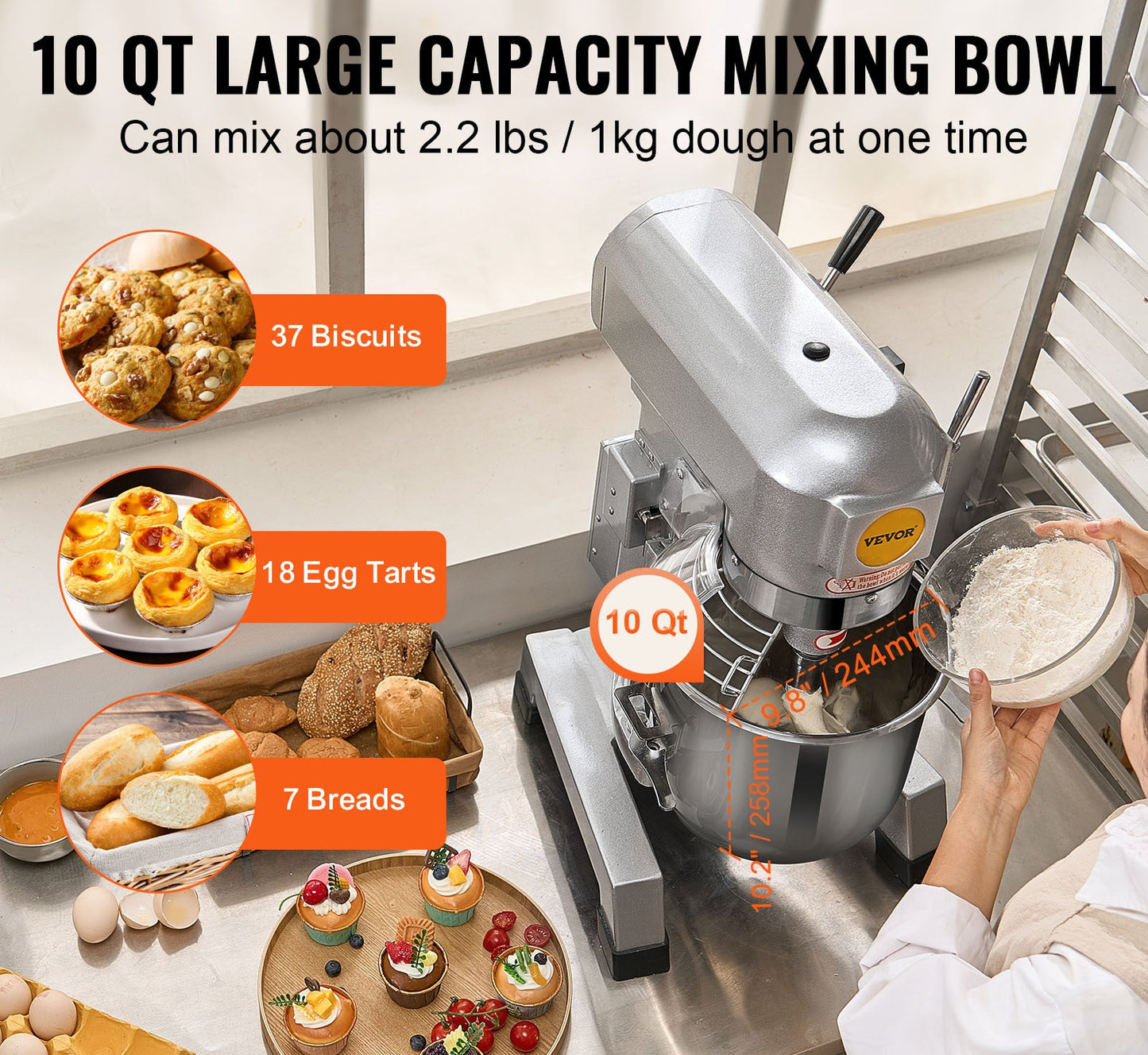 Keukenmixer – Taartmixer – Deegmixer – Mengmachine – Standmixer – 10 Liter RVS Mengkom – 550W Krachtige Motor
