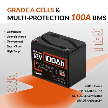 Accu – Lithium accu – LiFePO4 accu – Camper accu – Bootaccu – 12V 100Ah – Ingebouwd 100A BMS – 15.000+ laadcycli voor lange levensduur