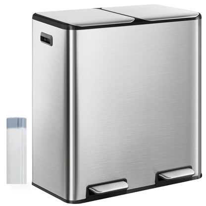 Prullenbak – Afvalbak – Vuilnisbak – Afvalemmer – Pedaalemmer – RVS en Kunststof – 60 Liter Dubbele Compartimenten – Softclose en Pedaalbediening