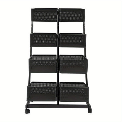 Opbergrekje – Opbergtrolley – Stellingkast – Opbergwagen – Opbergrek – Zwart Metalen Frame – 4 Laags Met 8 Grote Mandjes – Mobiel Met Remmen – Ruimtebesparend Verticaal Design (60x40,5x110 cm)