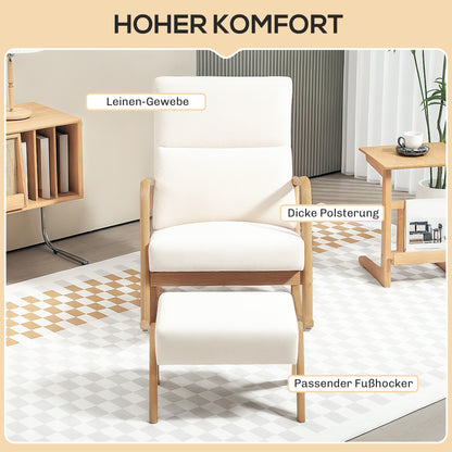 Schommelstoel – Schommelstoel Met Voetenbank – Relaxstoel – Loungestoel – Zitstoel – Crème – Stevig Houten Frame – Zachte Linnen Bekleding