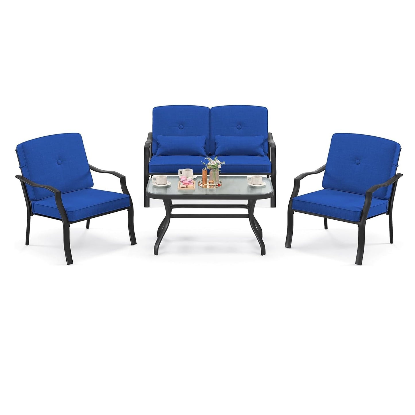 4-delige Tuinmeubelset – Loungeset – Balkonset – Buitenmeubels – Terrasmeubelen – Comfortabele Kussens – Gehard Glas Koffietafel – Blauw