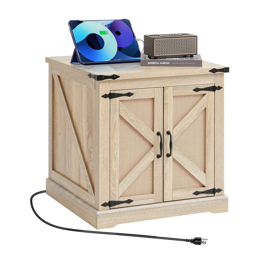 Rotan Salontafel – Rattan Tafel – Koffietafel – Bijzettafel – Houten Tafel – Rechthoekig – Met Ingebouwde Stopcontacten en USB-poorten – 61 cm Breed