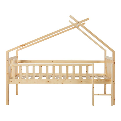 Bedframe – Kinderbed – Hoogslaper – Peuterbed – Jeugdbed – Massief Dennenhout – Valbeveiliging – 90x200 cm