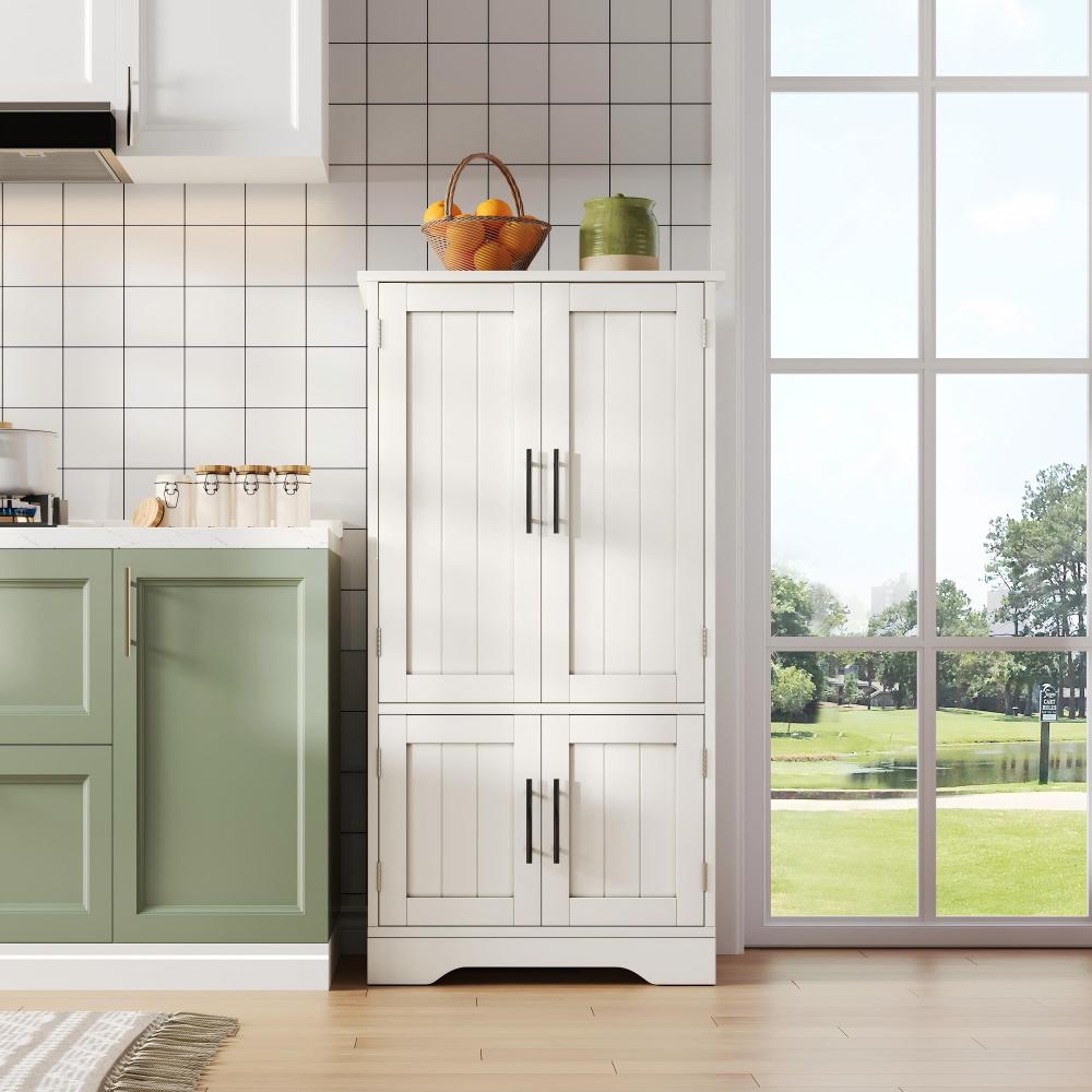 Sideboard, Crockery Cabinet with Adjustable Shelves | Upper Section for Food, Dishes, Spices; Lower Section for Appliances like Microwaves; Suitable for Kitchens, Dining Rooms, Living Rooms; White, Metal, Floor Mount, Modern
