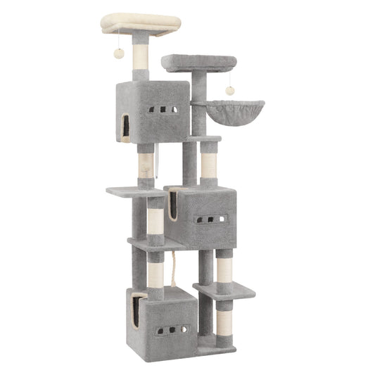 Krabpaal – Kattenboom – Krabmeubel – Kattenhuis – Kattentoren – 193 cm Hoog – Moderne Lichtgrijs – 7 Niveaus – Sisal Krabpalen – 2 Uitkijkplatforms – 3 Holletjes – 2 Wasbare Kussens