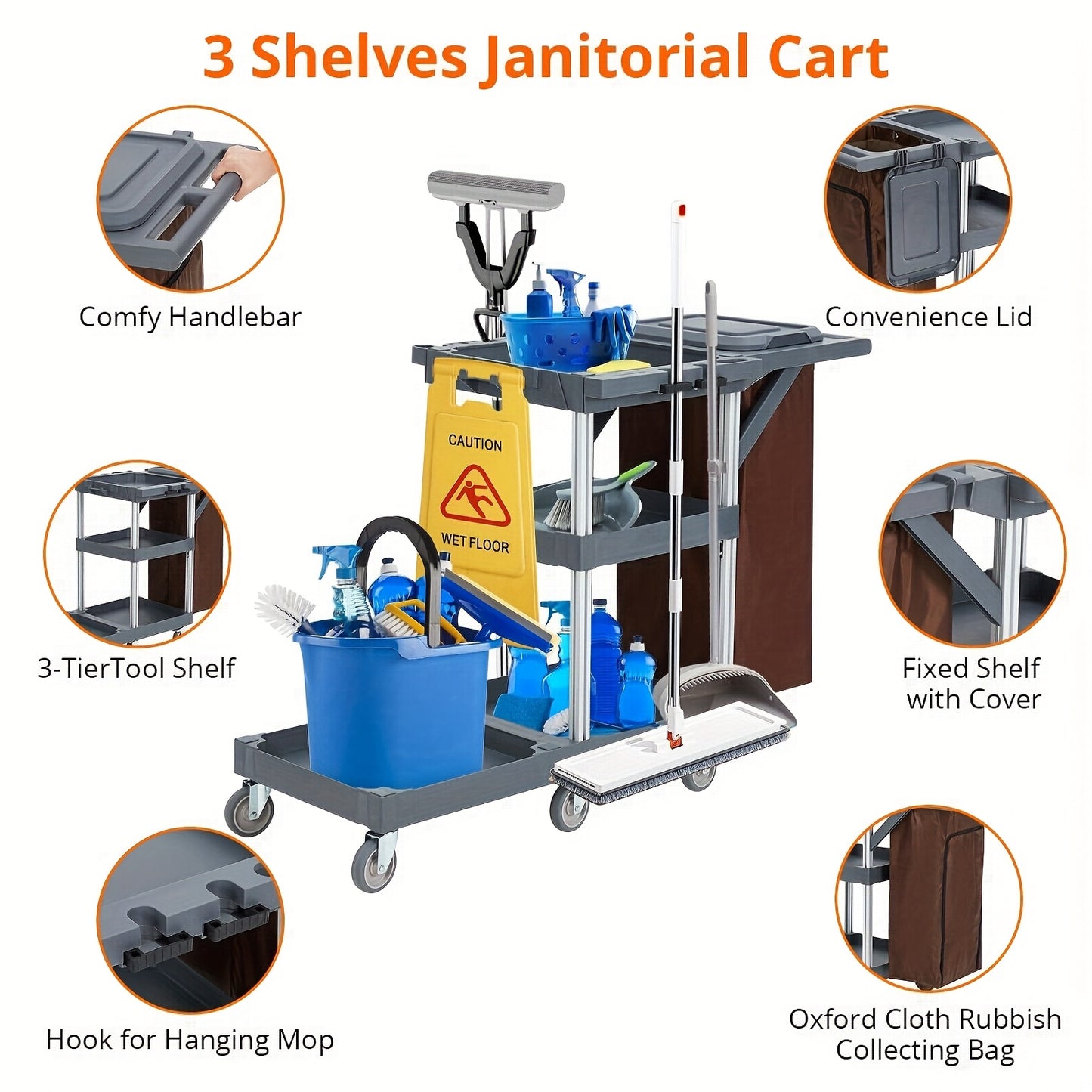 Commercial Heavy-Duty Janitorial Cleaning Cart with 3-Tier Shelves, 136.08 KG Capacity, Wheeled with Zippered Storage Compartment & Lid