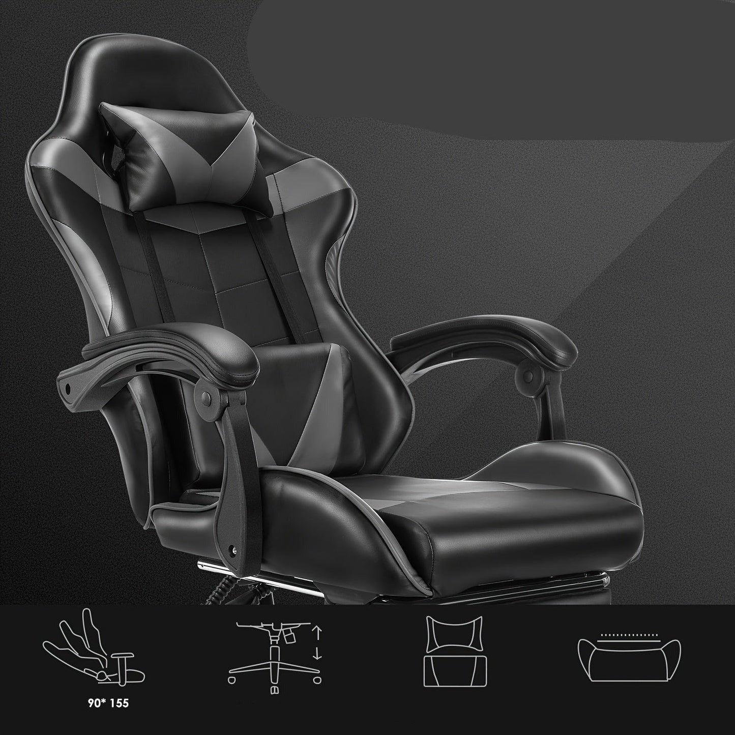 Gaming Stoel – Gamestoel – Gaming Chair – Game Stoel – Bureaustoel – Ergonomisch Ontwerp – Verstelbare Hoogte & Kantelbare Rugleuning – Zwart-Grijs