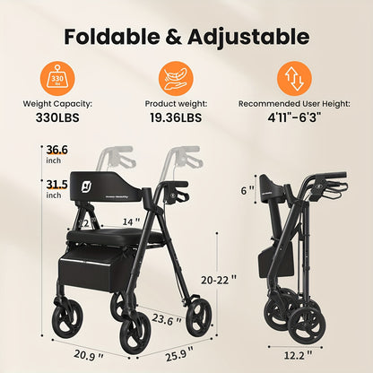 Rollator – Wandelwagen – Looprek – Mobiel Hulpmiddel – Loopwagen – Opvouwbaar – Aluminium Frame – Grote 20,32 cm Wielen – Ergonomisch Zitje en Rugleuning – Verstelbare Hoogte – Draagvermogen 136 kg