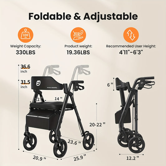 Rollator – Wandelwagen – Looprek – Mobiel Hulpmiddel – Loopwagen – Opvouwbaar – Aluminium Frame – Grote 20,32 cm Wielen – Ergonomisch Zitje en Rugleuning – Verstelbare Hoogte – Draagvermogen 136 kg