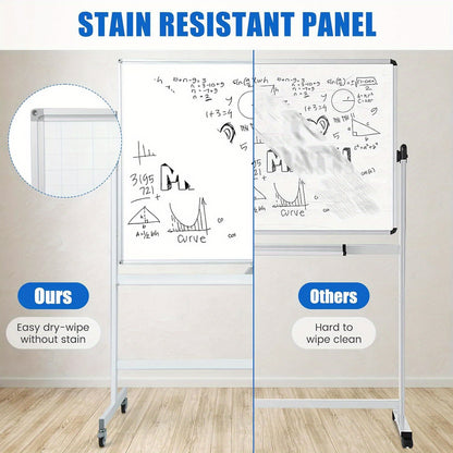 Whiteboard – Schoolbord – Schrijfplank – Magnetisch Bord – Droog Uitwisbaar – Dubbelzijdig Schrijfoppervlak – Mobiel Met Wieltjes – 120 x 90 cm – Inclusief Pentray En Accessoires
