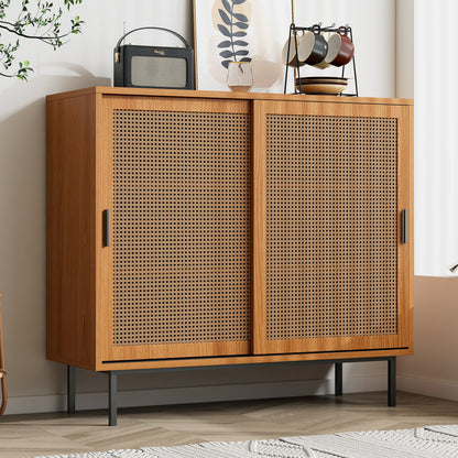 Dressoir – Buffetkast – Ladekast – Opbergkast – Kast – Modern Landelijk Design – 2 Schuifdeuren – Verstelbare Plank – Massief Hardhout – Vrijstaand – Ruimtebesparend – Open Plank – Duurzaam