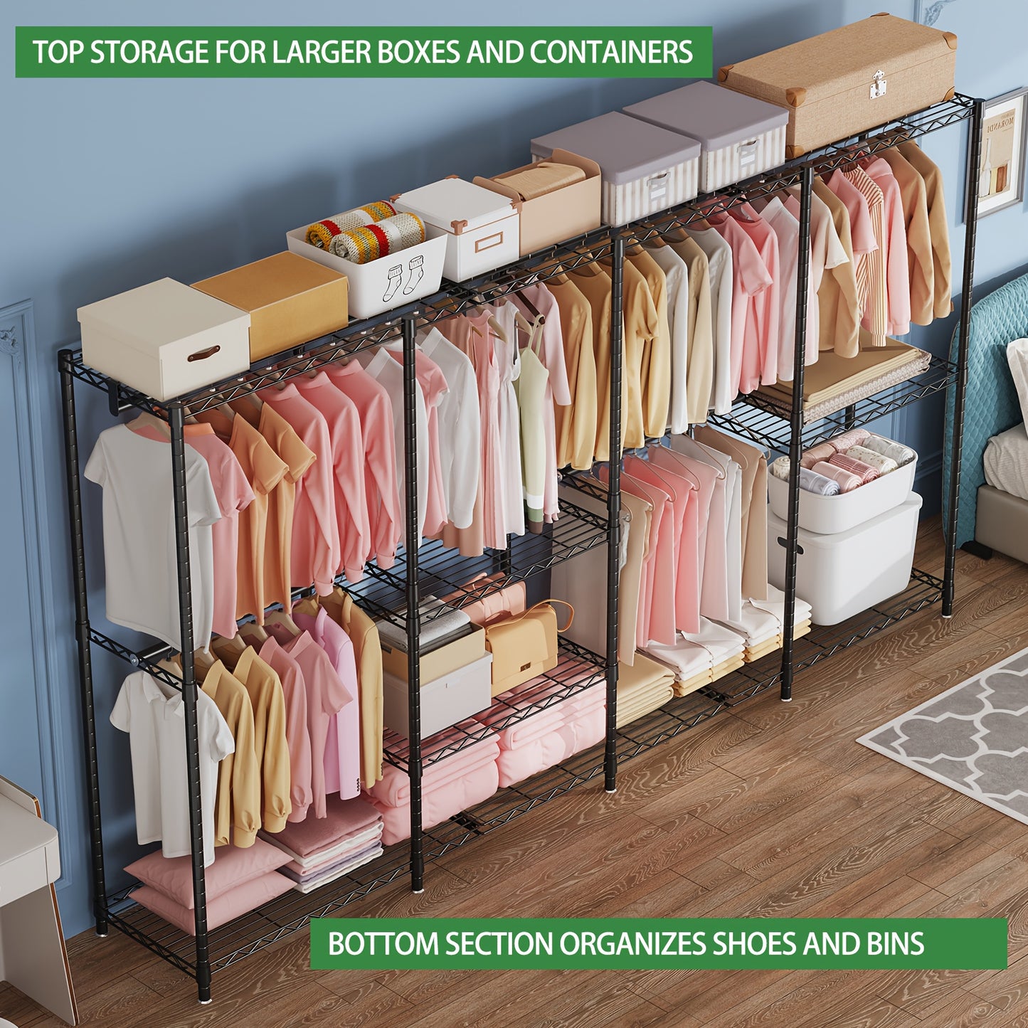 Kledingrek Heavy Duty – Garderobekast – Kledingorganizer – Stellingkast – Kledinghanger – Extra Groot 4 Kolommen 4 Lagen – Modulaire Carbon Stalen Frame – 498,95 KG Draagvermogen – 11 Planken Met Afdekhoes