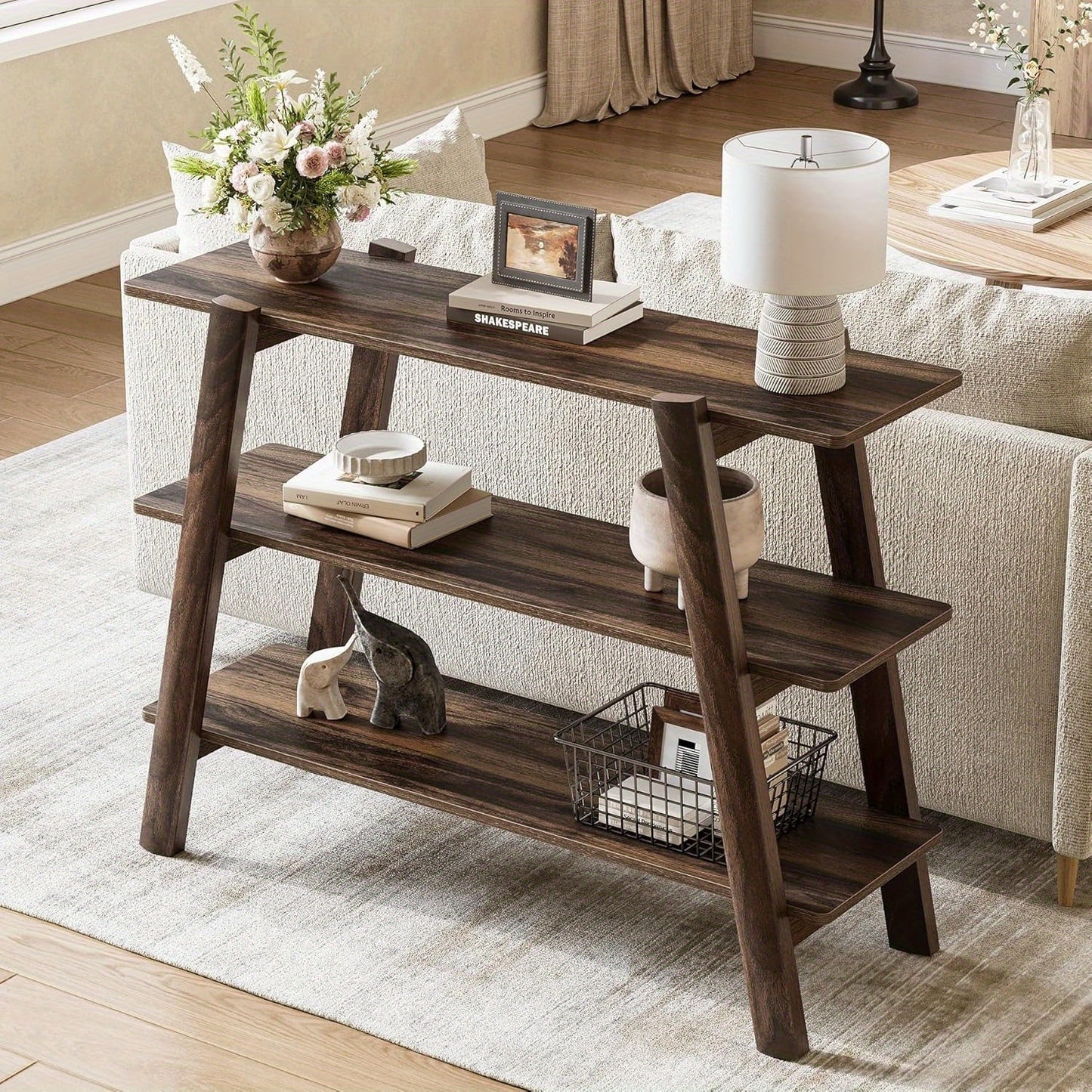 Sidetable – Consoletafel – Wandtafel – Haltafel – Sofa tafel – Smal ontwerp met 3 open planken – Duurzaam houtlook materiaal