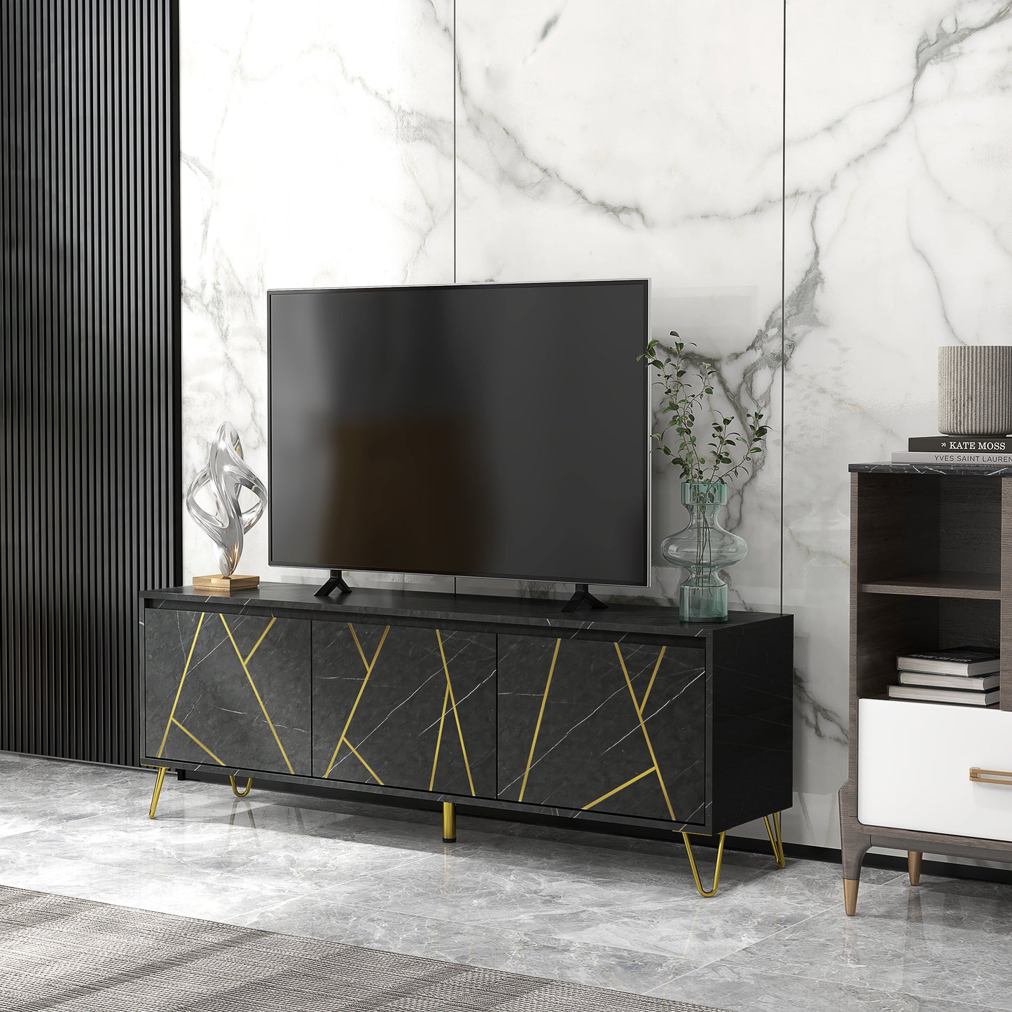 TV Meubel – TV Kast – TV Dressoir – TV Bank – Tv Meubel Metaal – 147 cm – Marmer Effect – Softclose Deuren – Kabelmanagement