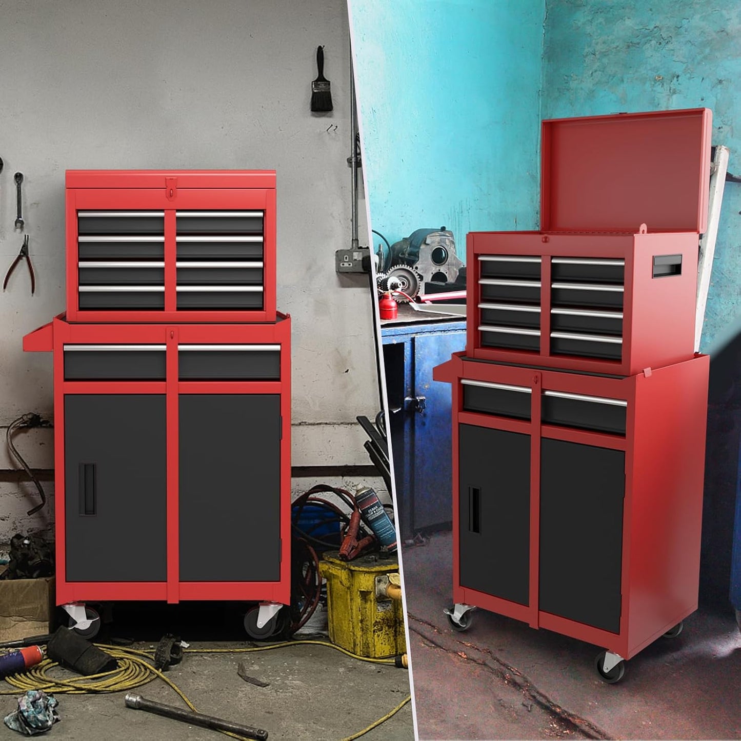 Gereedschapswagen – Werkplaatswagen – Toolcart – Mobiele Gereedschapskar – Werkbank Op Wielen – 2-in-1 Afneembare Bovenkast – 8 Vakken Met Verstelbare Planken – 100 Kg Draagkracht – Metaal Zwart-Rood