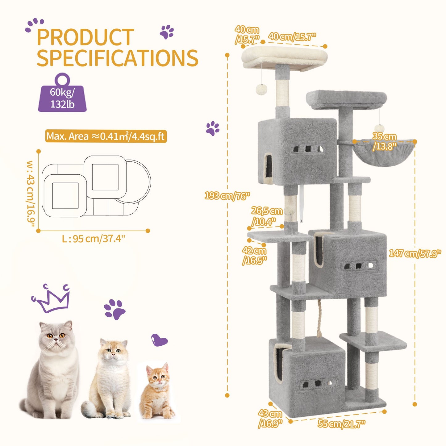 Krabpaal – Kattenboom – Krabmeubel – Kattenhuis – Kattentoren – 193 cm Hoog – Moderne Lichtgrijs – 7 Niveaus – Sisal Krabpalen – 2 Uitkijkplatforms – 3 Holletjes – 2 Wasbare Kussens