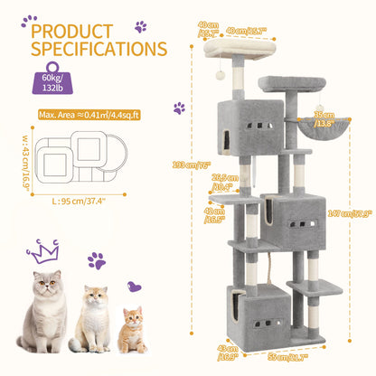 Krabpaal – Kattenboom – Krabmeubel – Kattenhuis – Kattentoren – 193 cm Hoog – Moderne Lichtgrijs – 7 Niveaus – Sisal Krabpalen – 2 Uitkijkplatforms – 3 Holletjes – 2 Wasbare Kussens