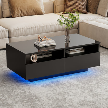 Salontafel – Koffietafel – Bijzettafel – Woonkamertafel – Opbergtafel – Modern Hoogglans Zwart – 2 Lades – Duurzaam Niet-Houten Materiaal