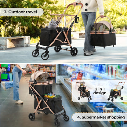 Hondenbuggy – Huisdierenbuggy – Wandelwagen – Duwwagen – Buggy voor Kleine Honden – 2-laags Dubbele Mand – Opvouwbaar – Inclusief Transporttas