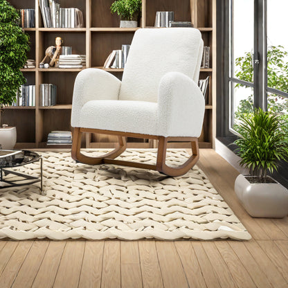 Schommelstoel – Relaxstoel – Fauteuil – Voedingsstoel – Loungestoel – Off-White Met Houten Armleuningen – Massief Beukenhout Frame – Ergonomisch Design – Zacht Traagschuim