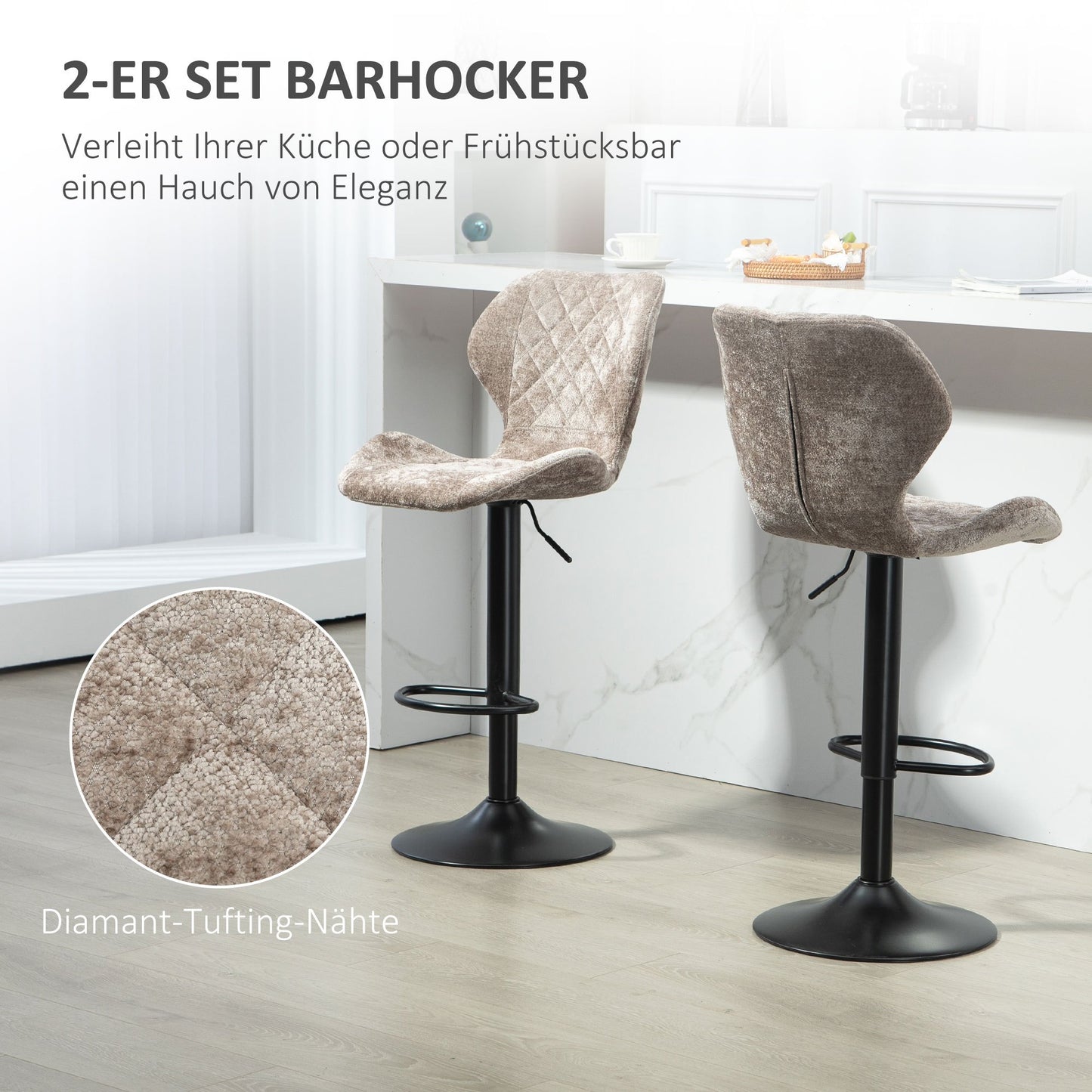 Barkrukken – Barstoelen – Keukenkrukken – Stoelen – Krukjes – Verstelbare Hoogte – 360° Draaibaar – Chenille Bekleding – Stalen Frame – Bruin – Set 2 Stuks