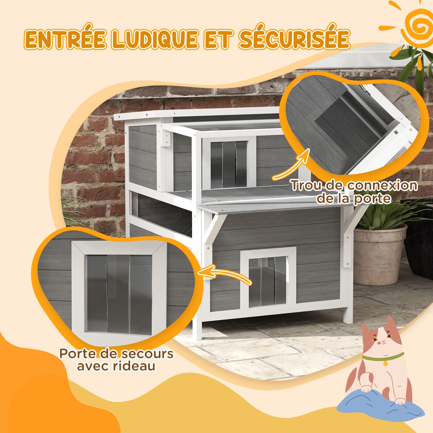 Kattenhuis – Kattenhok – Kattenverblijf – Kattencabine – Kattenhut – Weerbestendig Dennenhout – Verhoogde Poten en Asfalt Dak – Grijs – 2 Verdiepingen met Balkon