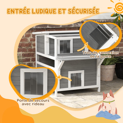Kattenhuis – Kattenhok – Kattenverblijf – Kattencabine – Kattenhut – Weerbestendig Dennenhout – Verhoogde Poten en Asfalt Dak – Grijs – 2 Verdiepingen met Balkon