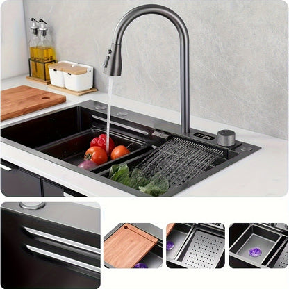 Keukenspoelbak – Spoelbak Keuken – Enkele Spoelbak – Wasbak Keuken – Gootsteen – Zwart RVS 304 – 68x45 cm – Uittrekbare Kraan – Compleet Accessoireset