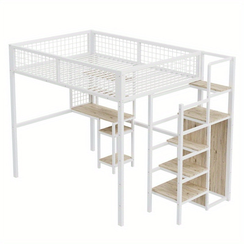 Hochslaper 140x200 – Hoogslaper – Halfhoogslaper – Stapelbed – Kinderbed – Met Veiligheidsrail – Met Metalen Frame – Inclusief Kledingkast en Bureau – Wit – Compact en Ruimtelijk