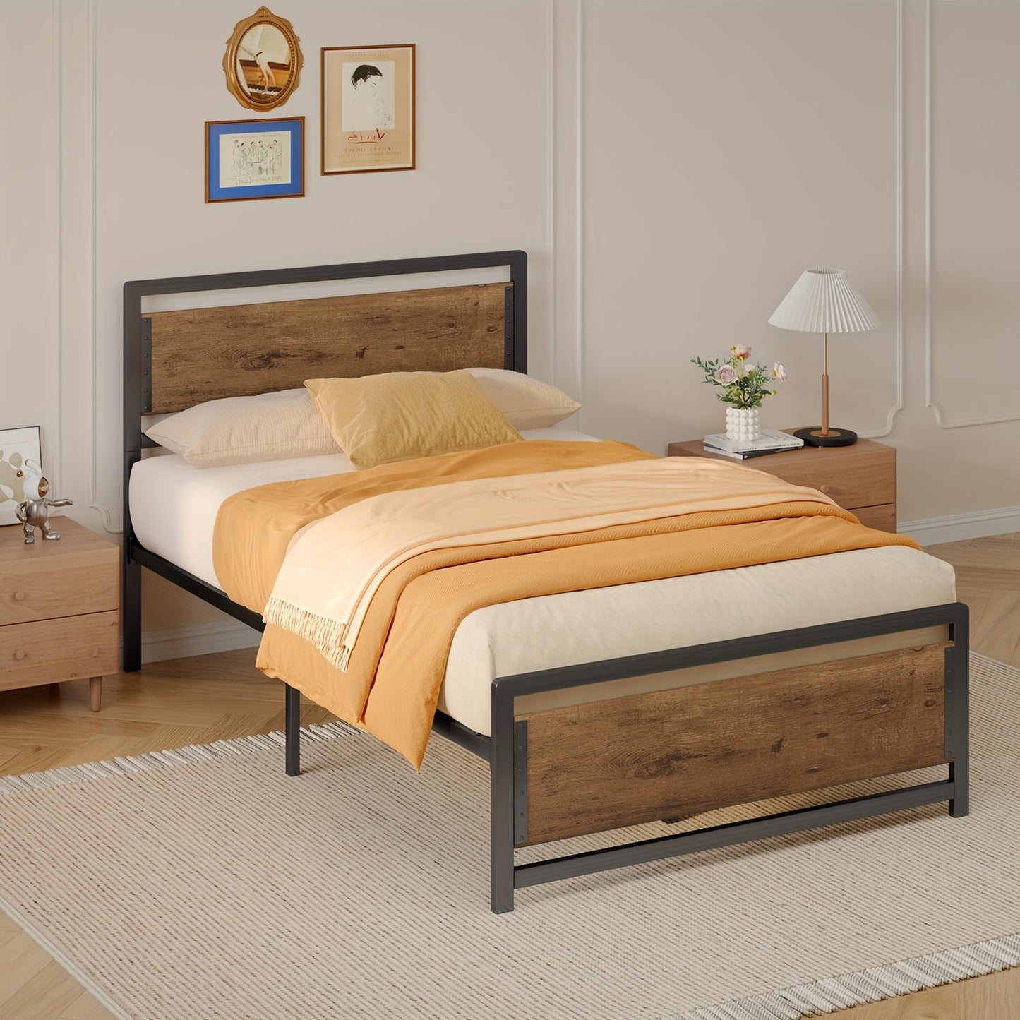 Bedframe – Platformbed – Eenpersoonsbed – Tweepersoonsbed – Bedframe Met Hoofdbord – 120x200 cm – Metaal En Hout – 35 cm Opbergruimte Onder Bed