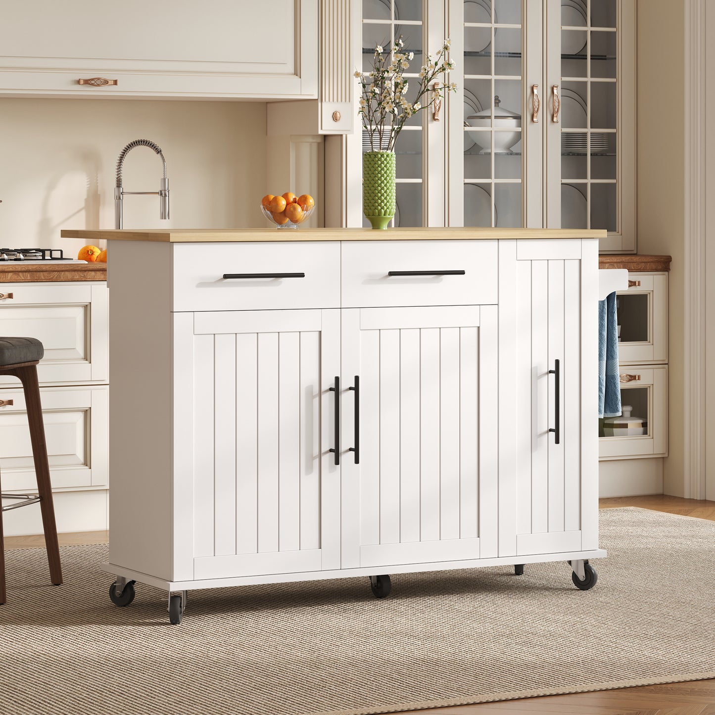 Keukenwagen – Keukentrolley – Keukenkar – Serveerwagen – Mobiele Keukenwagen – Uitklapbaar Werkblad 120x65 cm – 2 Lades & 3-laags Uitschuifrek – Wit