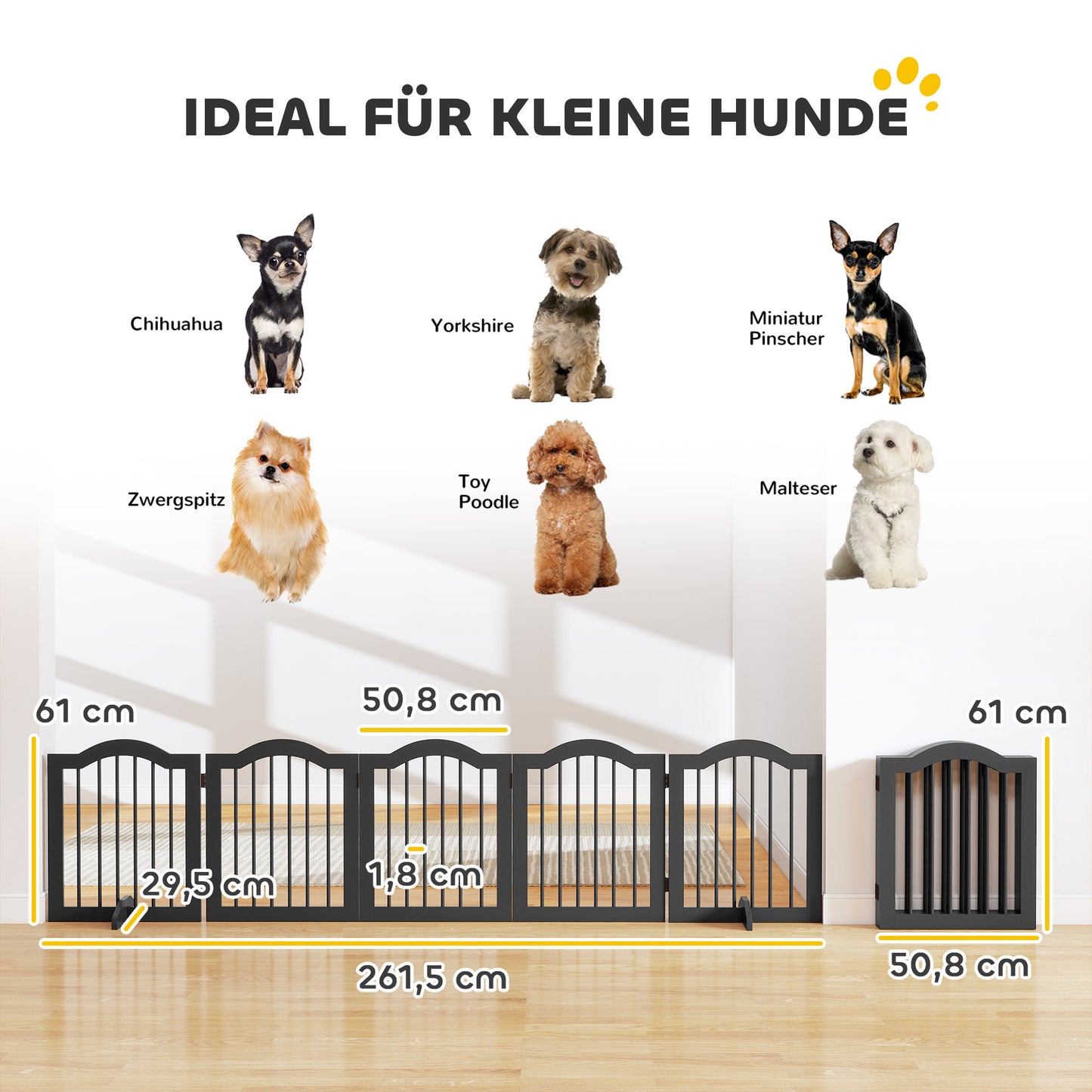 Barrier Grid Dog Free-Standing Protective Grid with Feet, Collapsible Dog Grid, 5 Panels, 261.5 X 29.5 X 61 Cm, Black