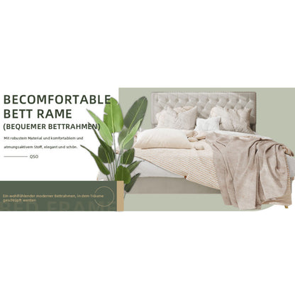 Bed – Bedframe – Slaapbed – Boxspring – Ledikant – Beige Stoffen Hoofdbord Met Geheugenfoam – Lage Boxframe 140x200 cm