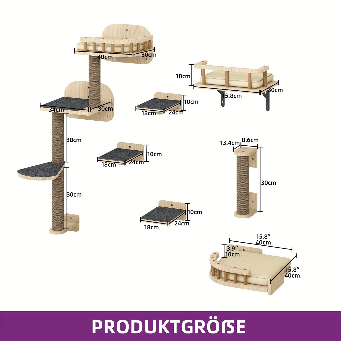 Krabpaal – Kattenboom – Kattenhuis – Klimframe – Kattenmeubel – Houten 6-delige Klimset – Anti-Kantel Ontwerp – Inclusief Hangmat en Kattenbedden