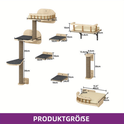 Krabpaal – Kattenboom – Kattenhuis – Klimframe – Kattenmeubel – Houten 6-delige Klimset – Anti-Kantel Ontwerp – Inclusief Hangmat en Kattenbedden