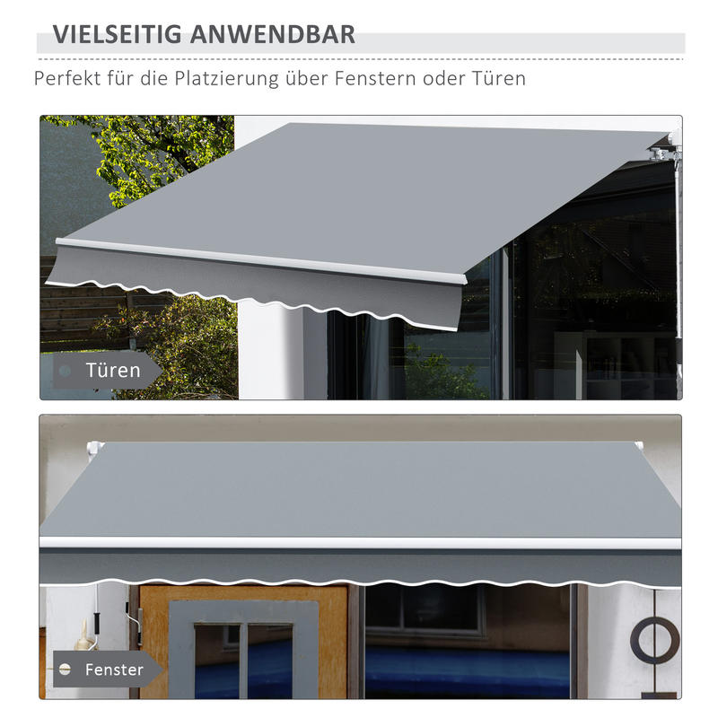 Awning, 3.95 x 2.45m, sun protection, retractable, with hand crank, metal frame, polyester, grey/ white, Outdoor Shade, Backyard Shelter, Sleek Shade, Retractable Awning, Reinforced Frame, Weatherresistant Fabric, Retractable