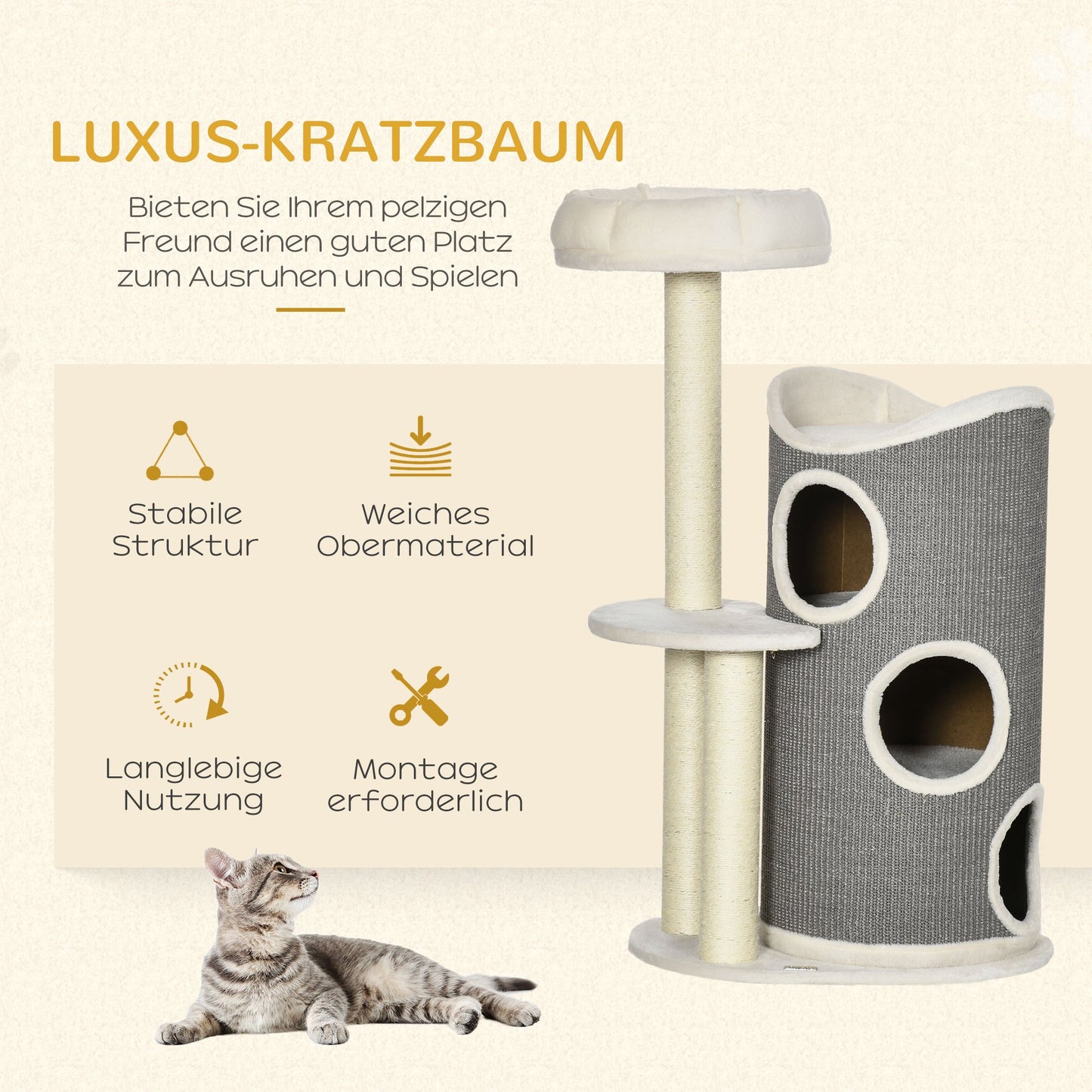 Krabpaal – Krabton – Krabmeubel – Kattenbed – Krabpaal met Slaapplek – Duurzaam Sisal – Ruimtebesparend Ontwerp – Grijs/Naturel/Wit