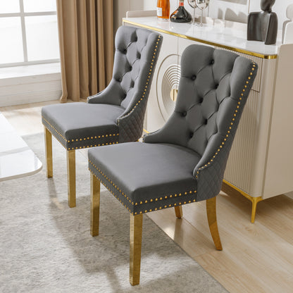 Eetkamerstoelen – Stoelen – Dining Chairs – Dinerstoelen – Moderne Stoelen – Set Van 2 Grijs – Fluwelen Bekleding – Gouden Roestvrijstalen Poten – Ergonomische Rugleuning – Comfortabele Zittingen
