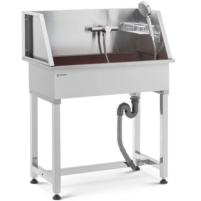 Hondenbadkuipje – Hondenwasbak – Dierenwasbak – Trimsalon Badkuip – Hondenverzorgingsbad – RVS Badkuip – 85 x 48 x 118 cm – Inclusief Douchekop en Thermostaatkraan