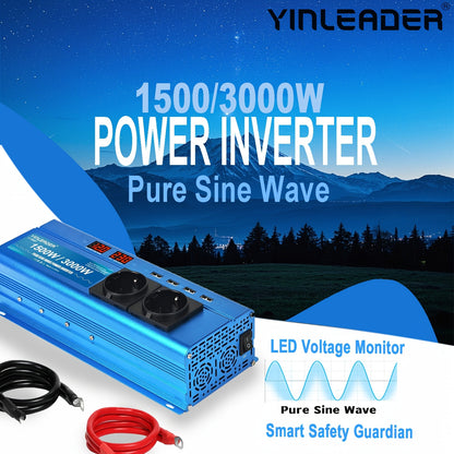 Zuivere Sinusomvormer 12V naar 230V – Power Inverter – Spanningsomvormer – Stroomomvormer – Camping Stroomvoorziening – 300W Continu, 600W Piekvermogen – 2 EU Stopcontacten & 4 USB Poorten – Actieve Koeling – Blauw