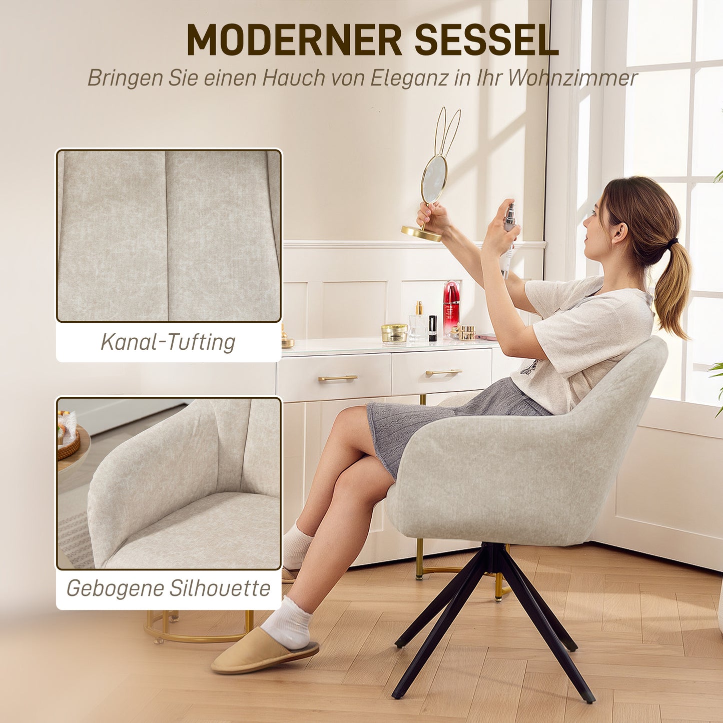 Draaifauteuil – Draaistoel – Fauteuil – Zithoekstoel – Accentstoel – Beige Stofbekleding – Stalen Poten – Comfortabele Draaibeweging