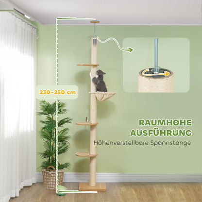 Krabpaal – Krabmeubel – Klimpaal – Kattenpaal – Speelpaal – Verstelbare Hoogte 230-250 cm – Anti-Kantel Veiligheidssysteem – Sisaltouw – Houtcomposiet – Eikenhout & Crème Wit
