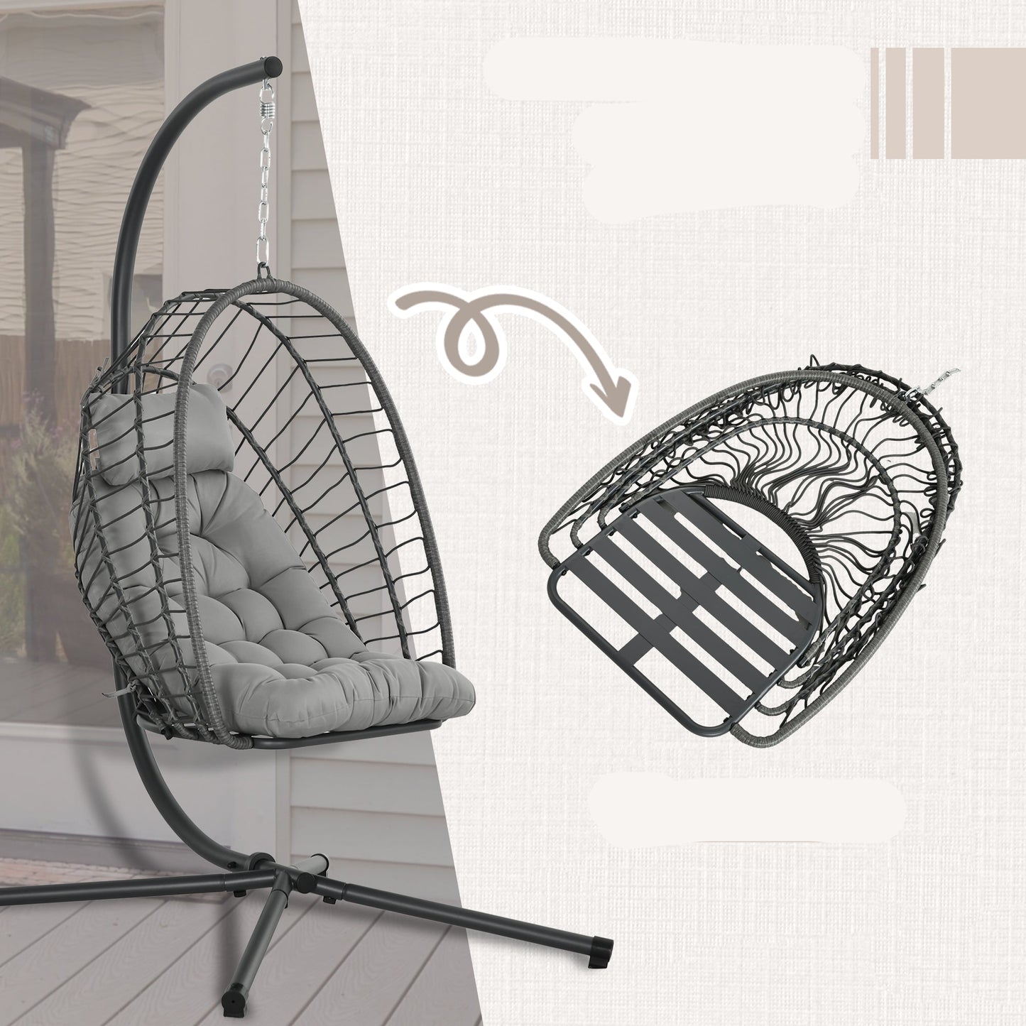 Hangende Tuinstoel – Hangstoel – Schommelstoel – Relaxstoel – Mandstoel – Grijs – Stevig Met Metaal Frame – Dik Kussen 10 Cm