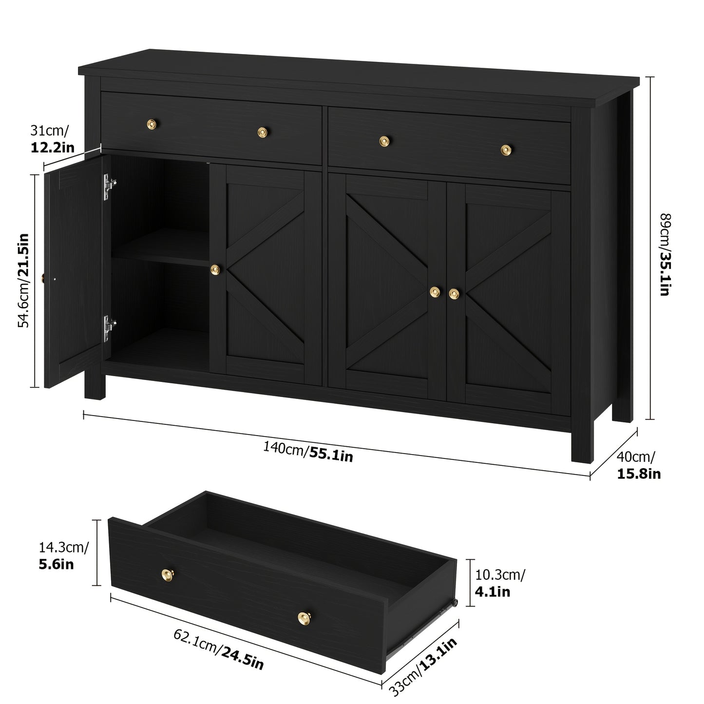 Ladekast – Kommode – Dressoir – Opbergkast – Ladenkast – Modern Zwart – 5 Ruime Laden – Duurzaam Hout 111×68×39,5 cm