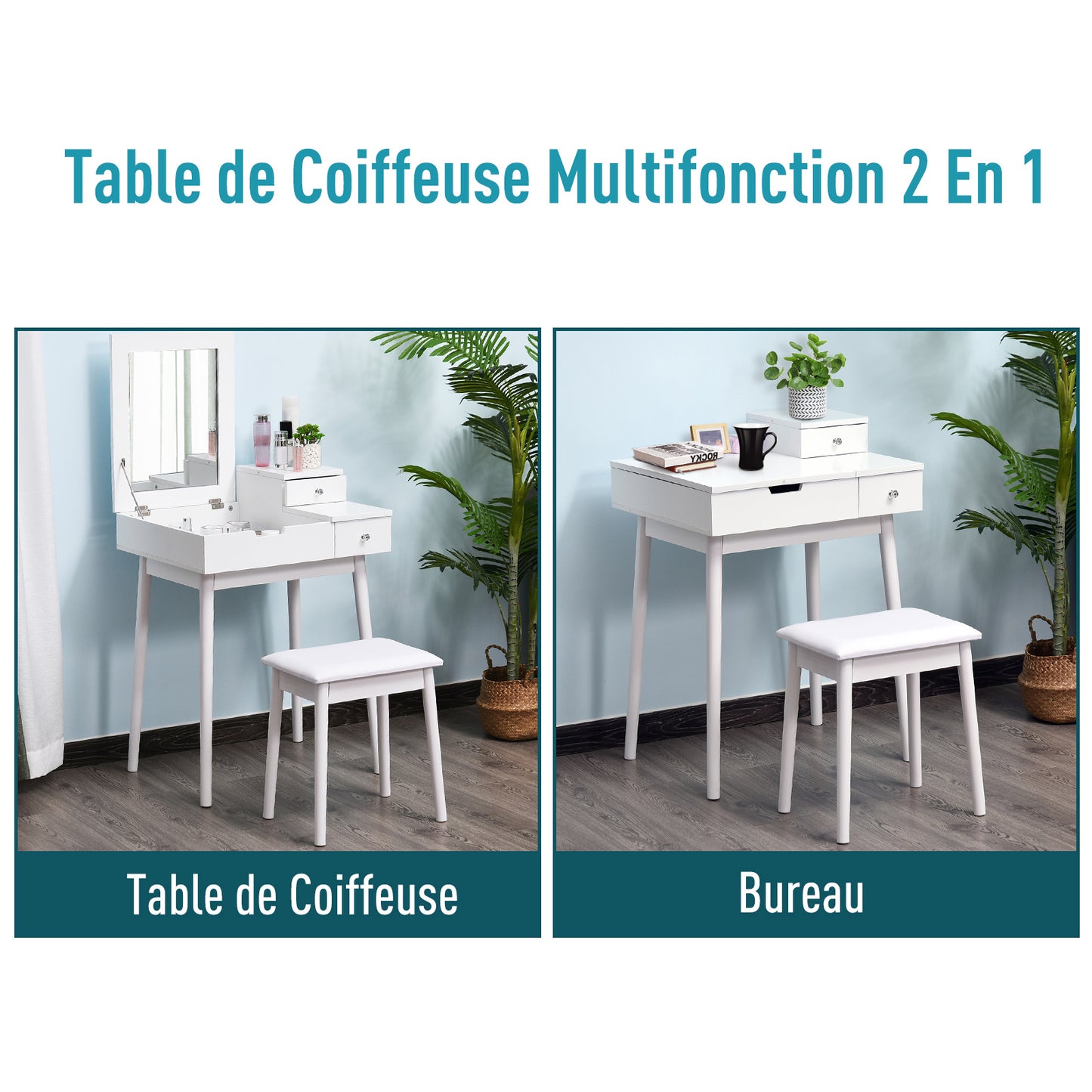 Make-uptafel – Make-uptafel – Kaptafel – Schminktisch – Toillet tafel – Wit MDF – Inklapbare Spiegel – Inclusief Krukje – Opbergruimte