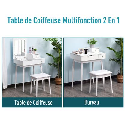 Make-uptafel – Make-uptafel – Kaptafel – Schminktisch – Toillet tafel – Wit MDF – Inklapbare Spiegel – Inclusief Krukje – Opbergruimte