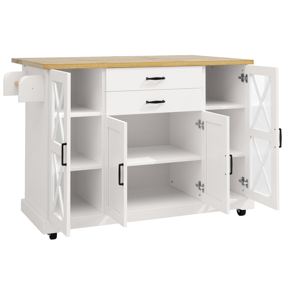 Keukentrolley – Keukenkast – Serveerwagen – Opbergtrolley – Keukenwagen – Wit – 4 Deuren met Glas – Verstelbare Planken – 2 Lades – Verrijdbaar – 120x40/63,5x94,5 cm – Modern Design