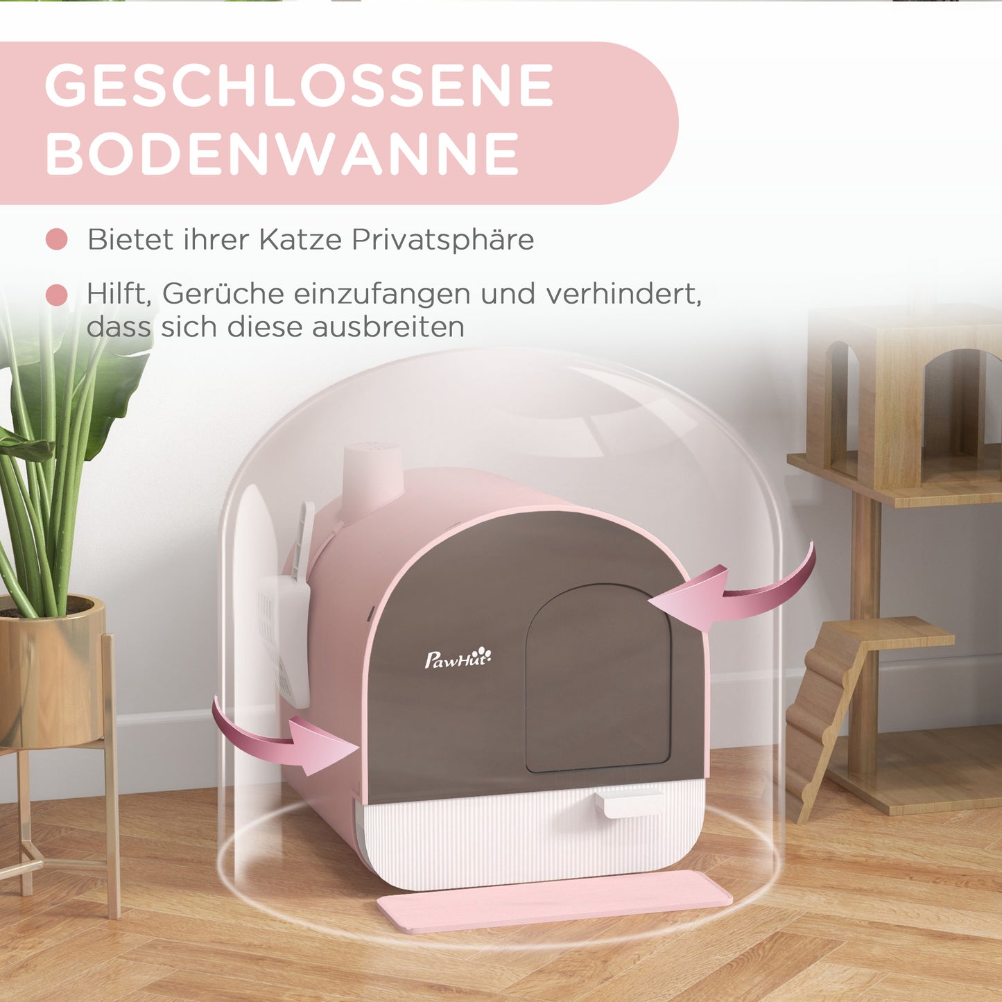 Kattentoilet – Kattenbak – Kattentoilet Met Deksel – Kattenbaksysteem – Kattenbak Met Schep – Gesloten Design – Inclusief Kattenbakmat – Duurzaam Kunststof – Roze/Zwart