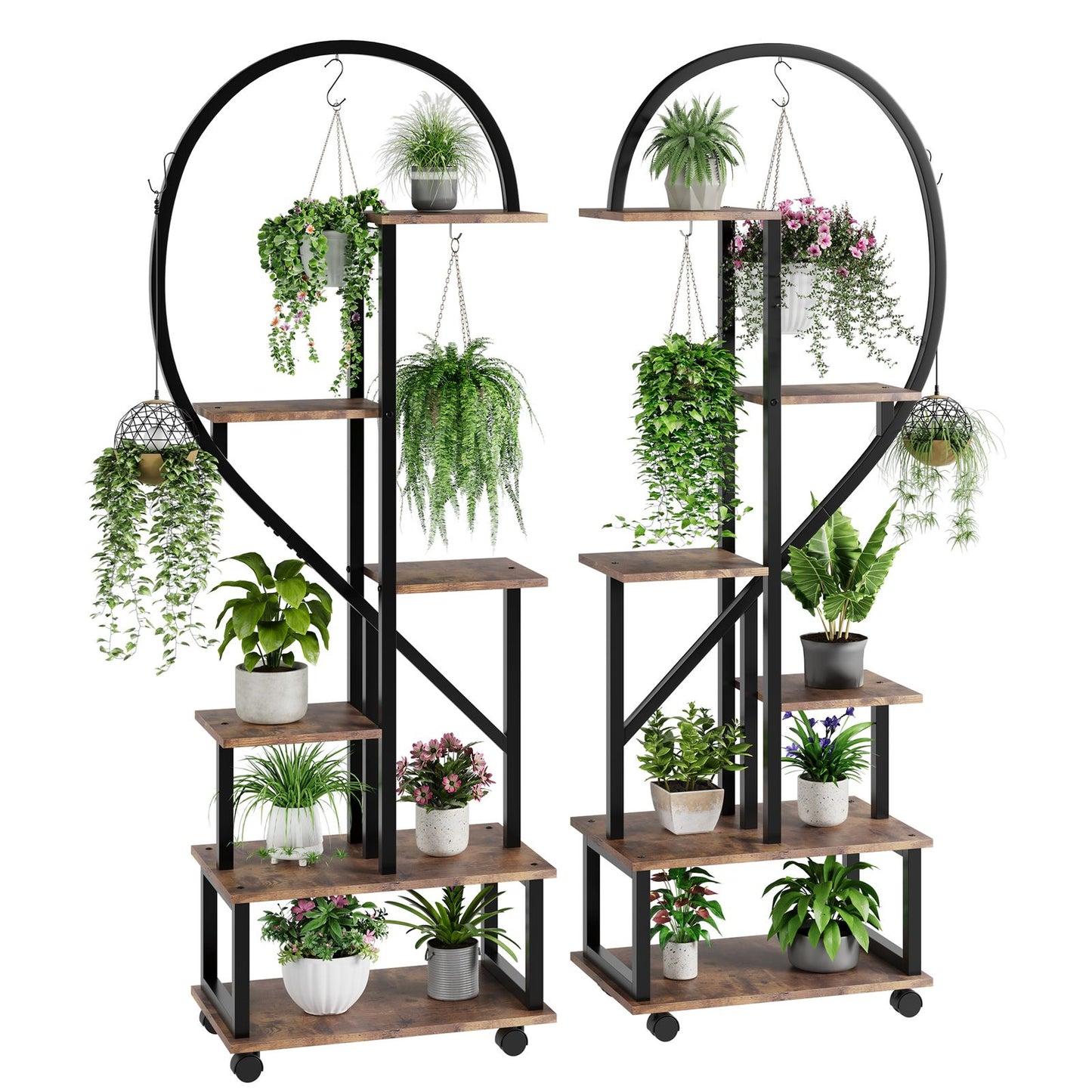 Plantenrek – Plantenstandaard – Plantentafel – Plantenrekken – Bloemenrek – 2 stuks 6 niveaus – Met laden en afneembare wieltjes – Stevig metalen half-hartvormig design